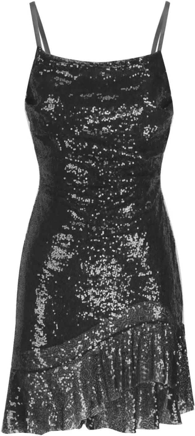 Binmer Women Sparkly Sequin Mini Dress Sexy Glitter Spaghetti Strap Backless Ruffle Hem Cami Short Mini Club Party Dresses