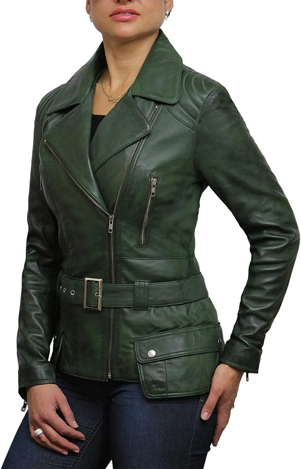 BRANDSLOCK Womens Classic Leather Biker Jacket Genuine Skin