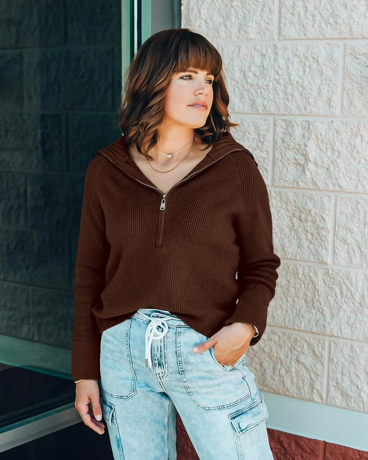 BTFBM Womens Casual Long Sleeve Half Zip Pullover Sweaters Solid V Neck Collar Ribbed Knitted Loose Slouchy Jumper Tops