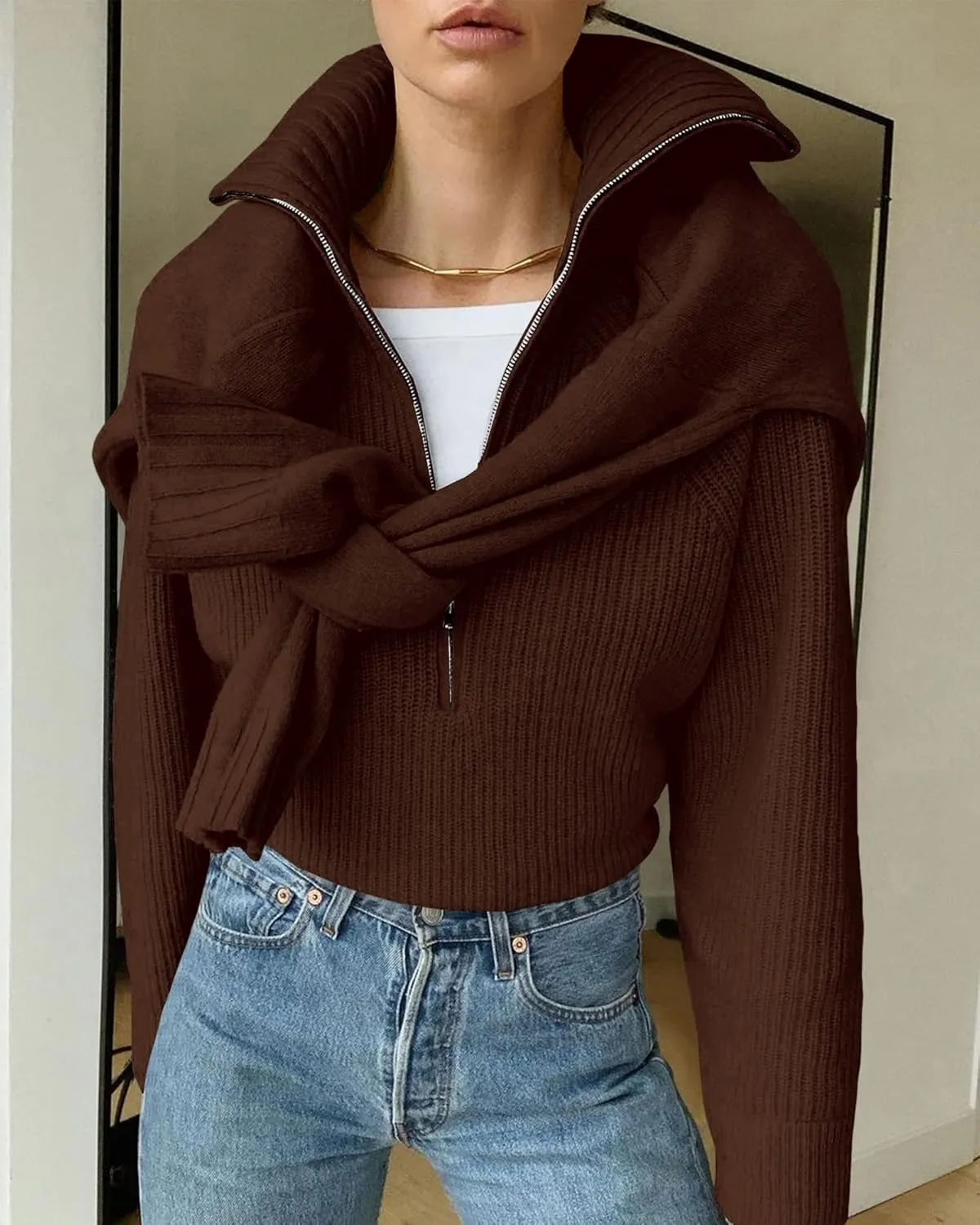 BTFBM Womens Casual Long Sleeve Half Zip Pullover Sweaters Solid V Neck Collar Ribbed Knitted Loose Slouchy Jumper Tops