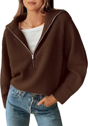 BTFBM Womens Casual Long Sleeve Half Zip Pullover Sweaters Solid V Neck Collar Ribbed Knitted Loose Slouchy Jumper Tops
