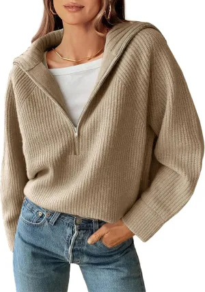 BTFBM Womens Casual Long Sleeve Half Zip Pullover Sweaters Solid V Neck Collar Ribbed Knitted Loose Slouchy Jumper Tops