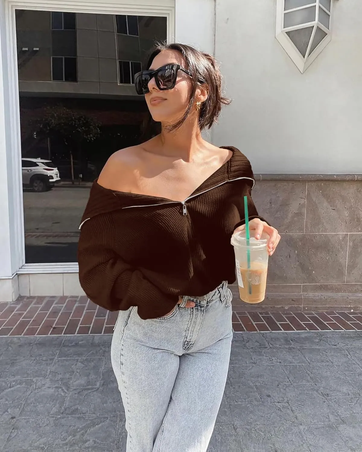BTFBM Womens Casual Long Sleeve Half Zip Pullover Sweaters Solid V Neck Collar Ribbed Knitted Loose Slouchy Jumper Tops