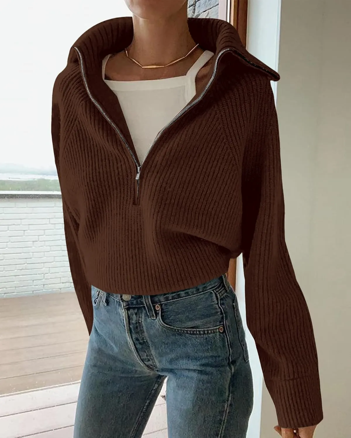 BTFBM Womens Casual Long Sleeve Half Zip Pullover Sweaters Solid V Neck Collar Ribbed Knitted Loose Slouchy Jumper Tops