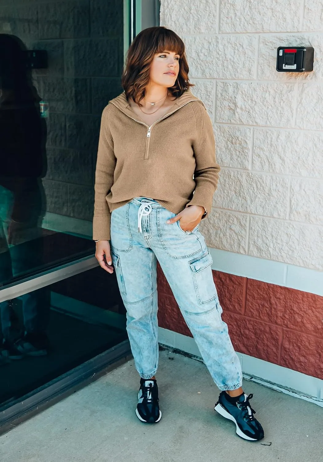 BTFBM Womens Casual Long Sleeve Half Zip Pullover Sweaters Solid V Neck Collar Ribbed Knitted Loose Slouchy Jumper Tops