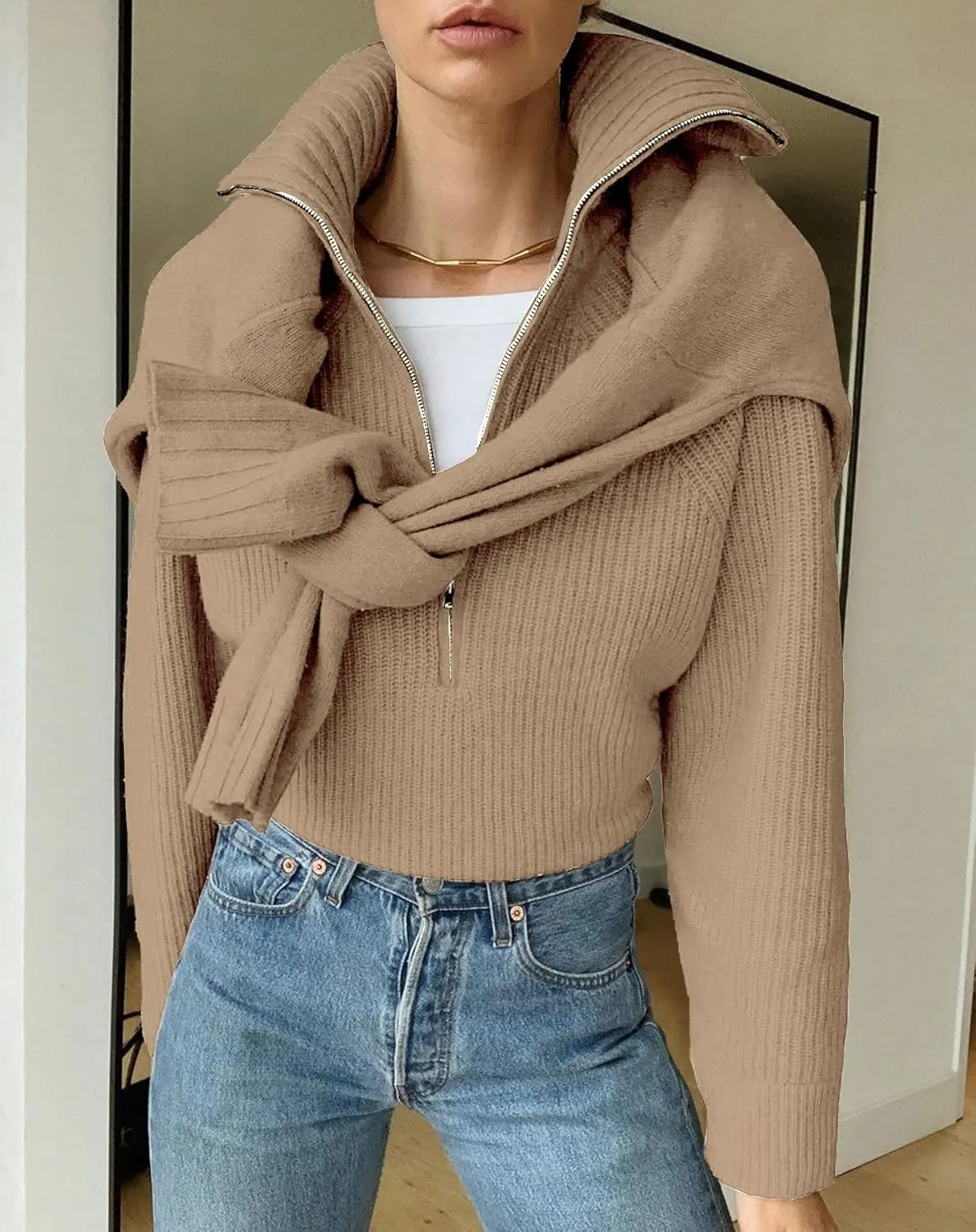 BTFBM Womens Casual Long Sleeve Half Zip Pullover Sweaters Solid V Neck Collar Ribbed Knitted Loose Slouchy Jumper Tops