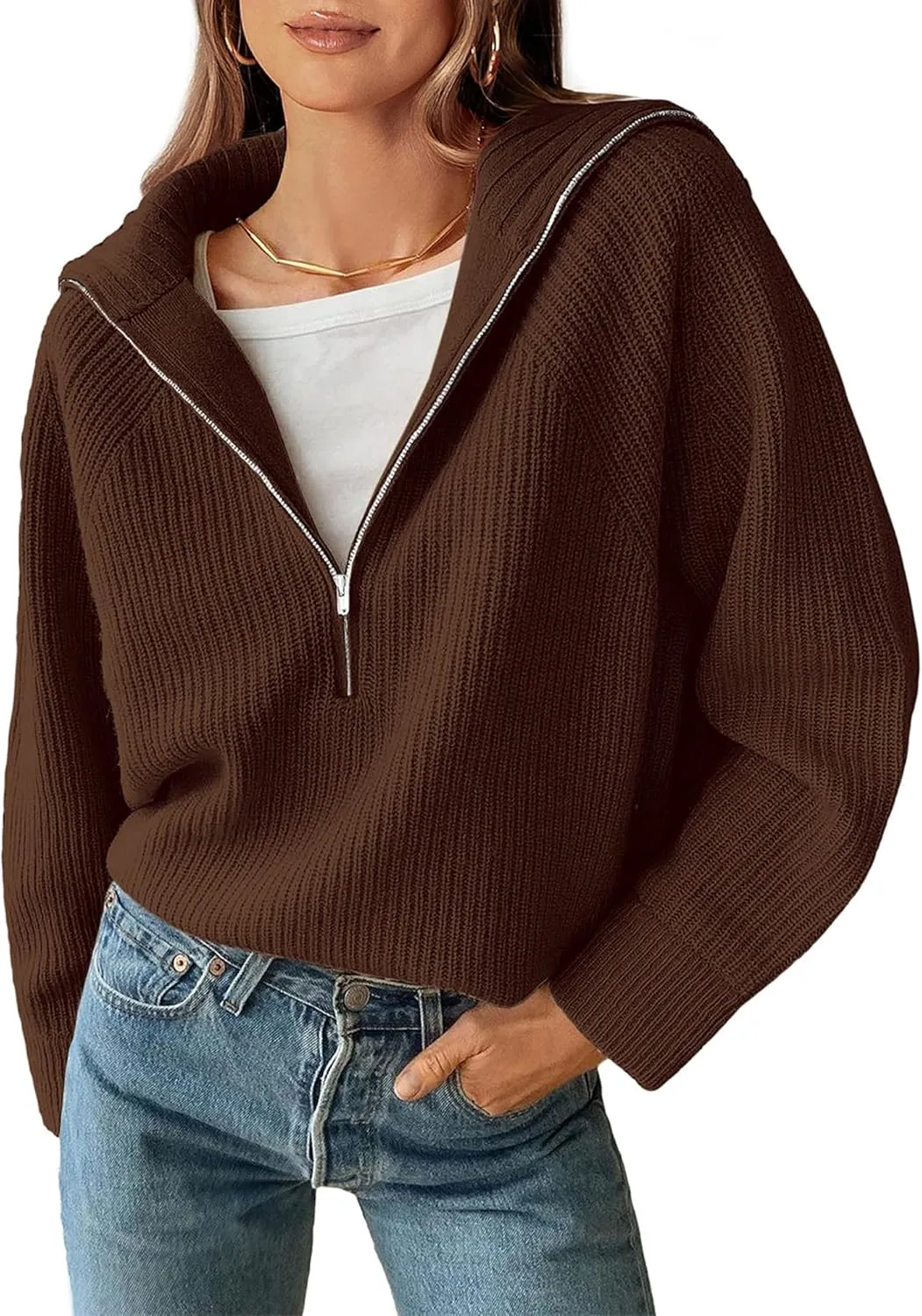 BTFBM Womens Casual Long Sleeve Half Zip Pullover Sweaters Solid V Neck Collar Ribbed Knitted Loose Slouchy Jumper Tops