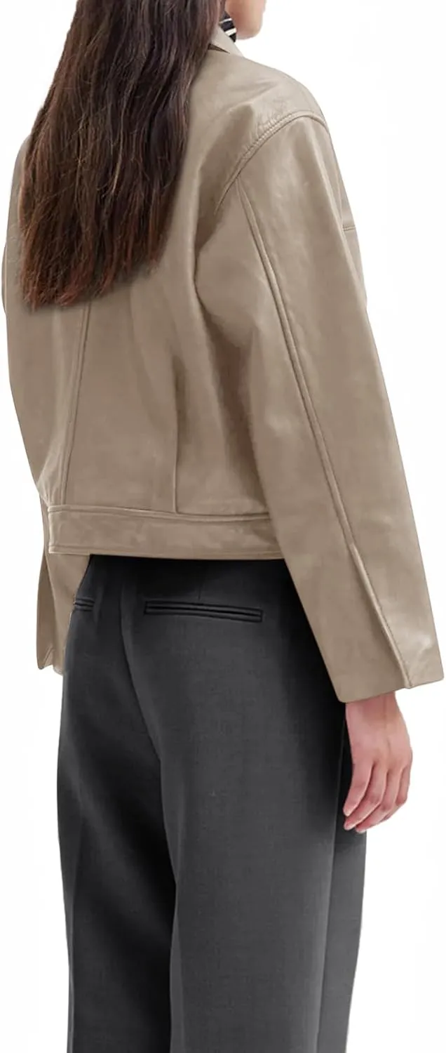 BZB Womens Faux Leather Motorcycle Jacket 2025 Trendy Pockets Bomber Zip Up Cropped Jackets Coat Outerwear