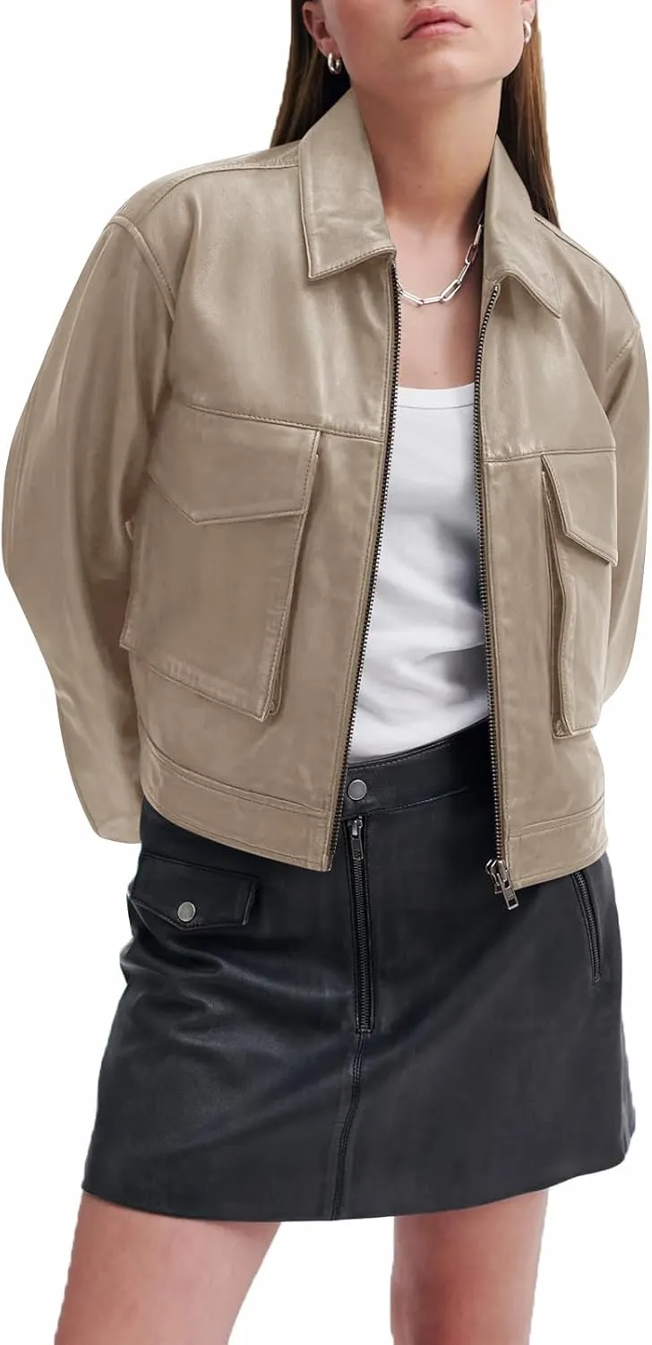BZB Womens Faux Leather Motorcycle Jacket 2025 Trendy Pockets Bomber Zip Up Cropped Jackets Coat Outerwear