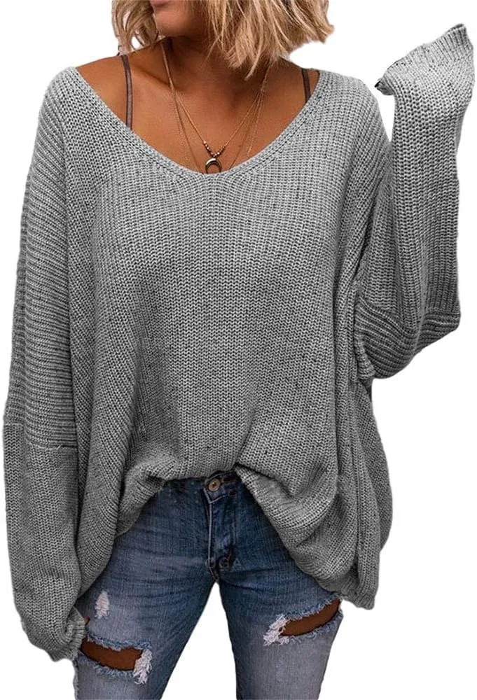 BZB Women's V Neck Long Sleeve Knit Loose Oversized Pullover Sweater Top
