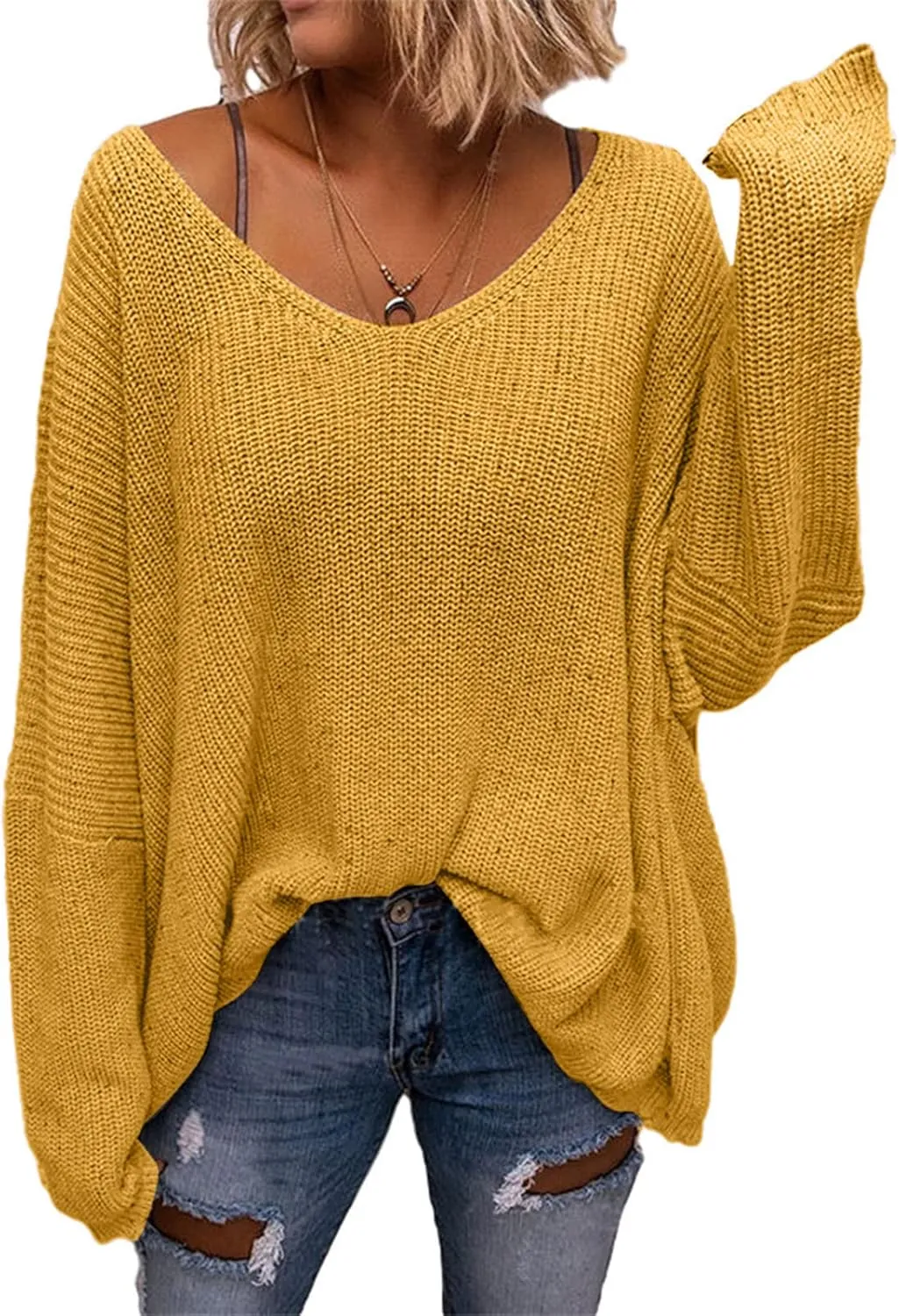 BZB Women's V Neck Long Sleeve Knit Loose Oversized Pullover Sweater Top