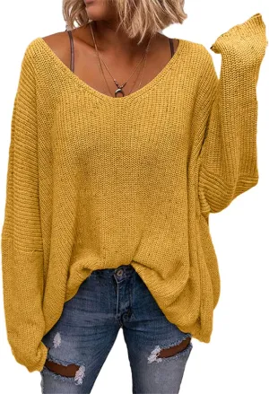 BZB Women's V Neck Long Sleeve Knit Loose Oversized Pullover Sweater Top