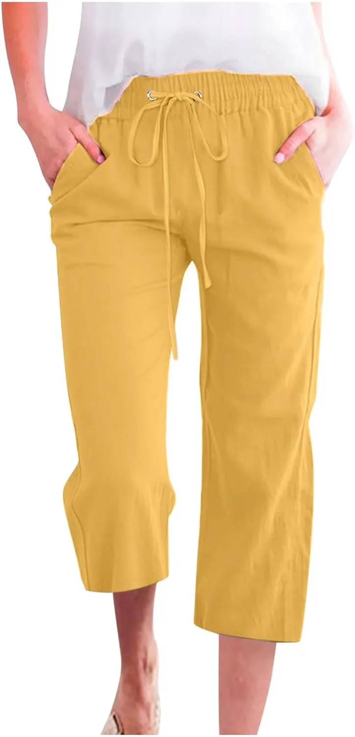 BZGTZT Linen Capri Pants for Women High Waist Drawstring Wide Leg Pants Summer Casual Plus Size Linen Cropped Trousers