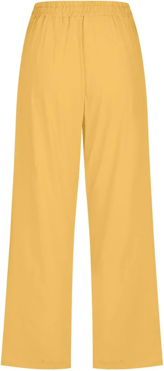 BZGTZT Linen Capri Pants for Women High Waist Drawstring Wide Leg Pants Summer Casual Plus Size Linen Cropped Trousers
