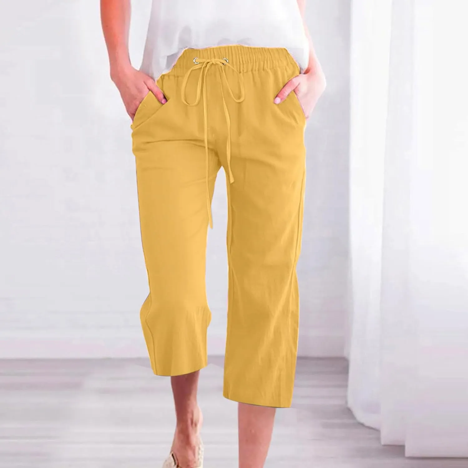BZGTZT Linen Capri Pants for Women High Waist Drawstring Wide Leg Pants Summer Casual Plus Size Linen Cropped Trousers