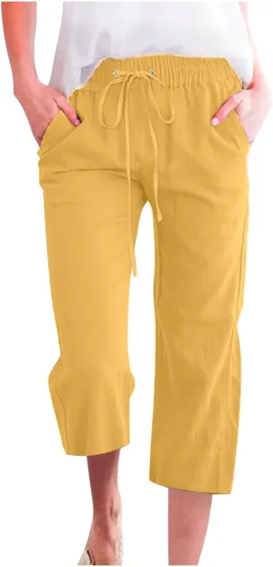 BZGTZT Linen Capri Pants for Women High Waist Drawstring Wide Leg Pants Summer Casual Plus Size Linen Cropped Trousers