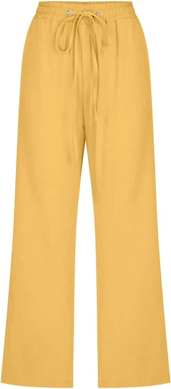 BZGTZT Linen Capri Pants for Women High Waist Drawstring Wide Leg Pants Summer Casual Plus Size Linen Cropped Trousers