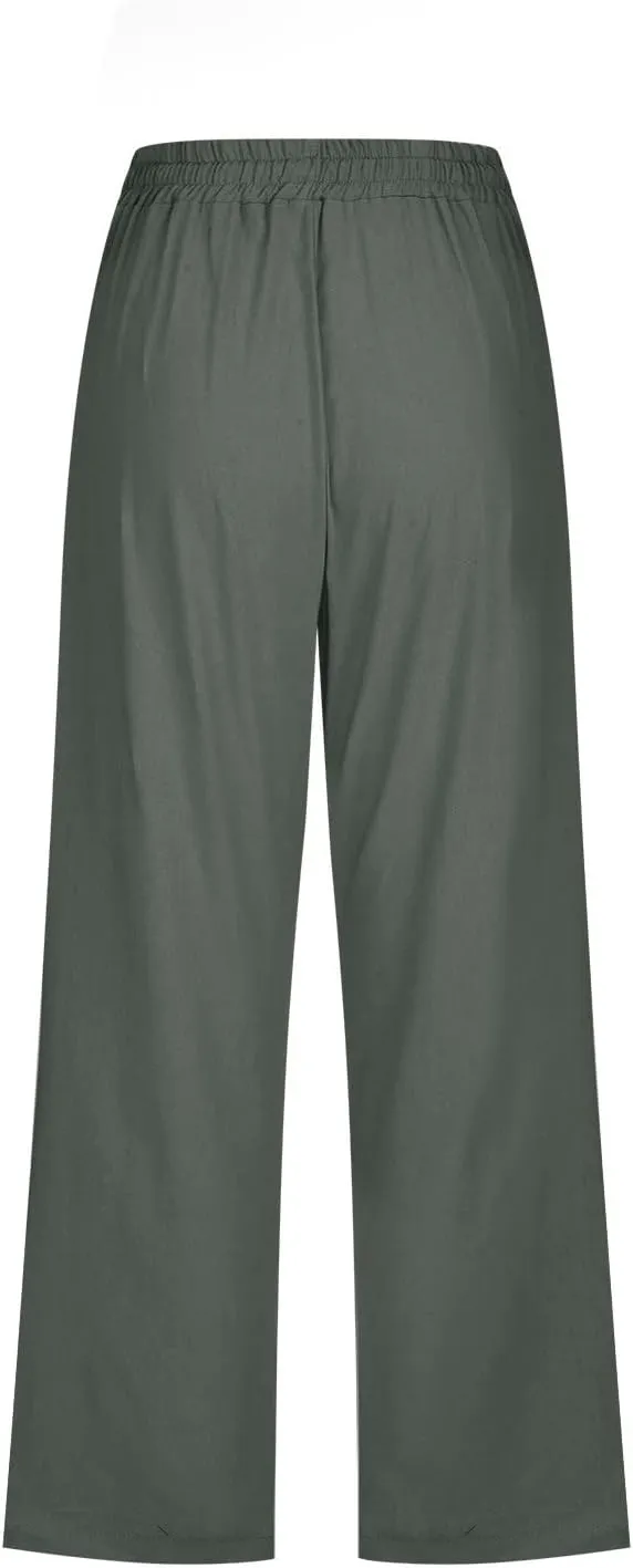 BZGTZT Linen Pants for Women Wide Leg Capris Summer Casual Loose Elastic Drawstring High Waist Cropped Trousers with Pocket