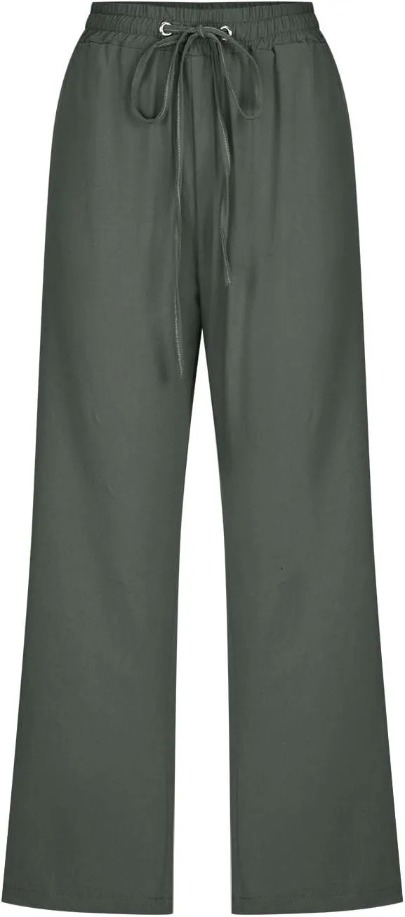 BZGTZT Linen Pants for Women Wide Leg Capris Summer Casual Loose Elastic Drawstring High Waist Cropped Trousers with Pocket