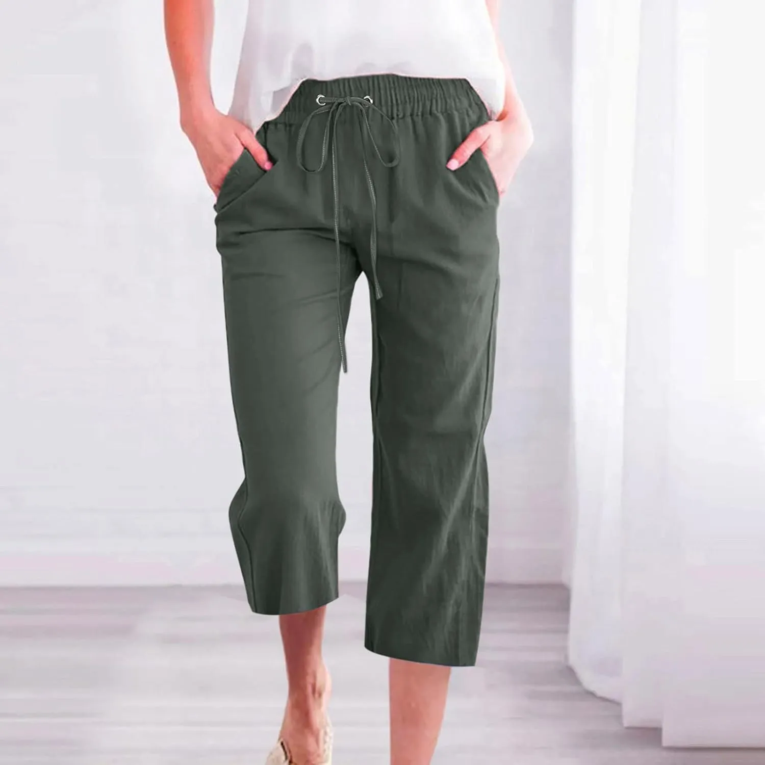 BZGTZT Linen Pants for Women Wide Leg Capris Summer Casual Loose Elastic Drawstring High Waist Cropped Trousers with Pocket