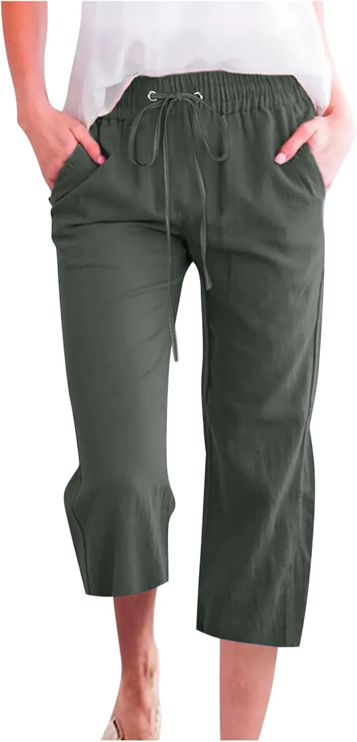 BZGTZT Linen Pants for Women Wide Leg Capris Summer Casual Loose Elastic Drawstring High Waist Cropped Trousers with Pocket