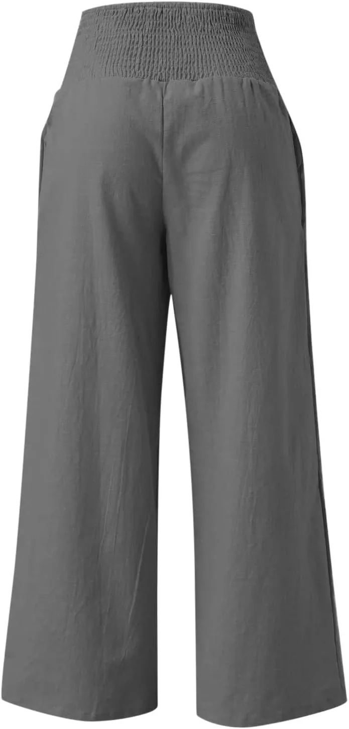BZGTZT Women Plus Size Linen Wide Leg Pants Summer Smocked High Waist Palazzo Pants Baggy Lounge Beach Trousers with Pocket
