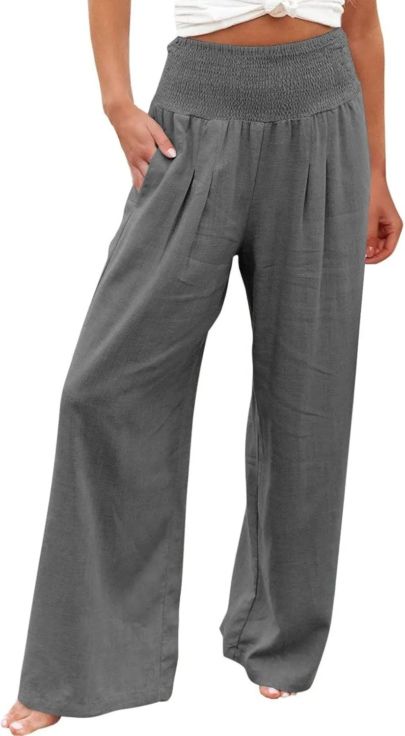 BZGTZT Women Plus Size Linen Wide Leg Pants Summer Smocked High Waist Palazzo Pants Baggy Lounge Beach Trousers with Pocket