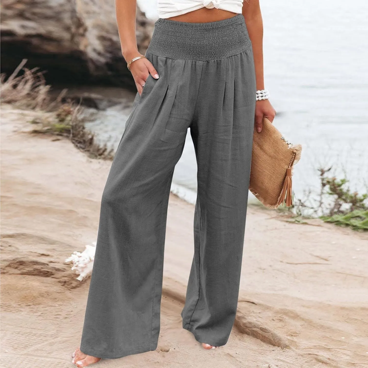 BZGTZT Women Plus Size Linen Wide Leg Pants Summer Smocked High Waist Palazzo Pants Baggy Lounge Beach Trousers with Pocket