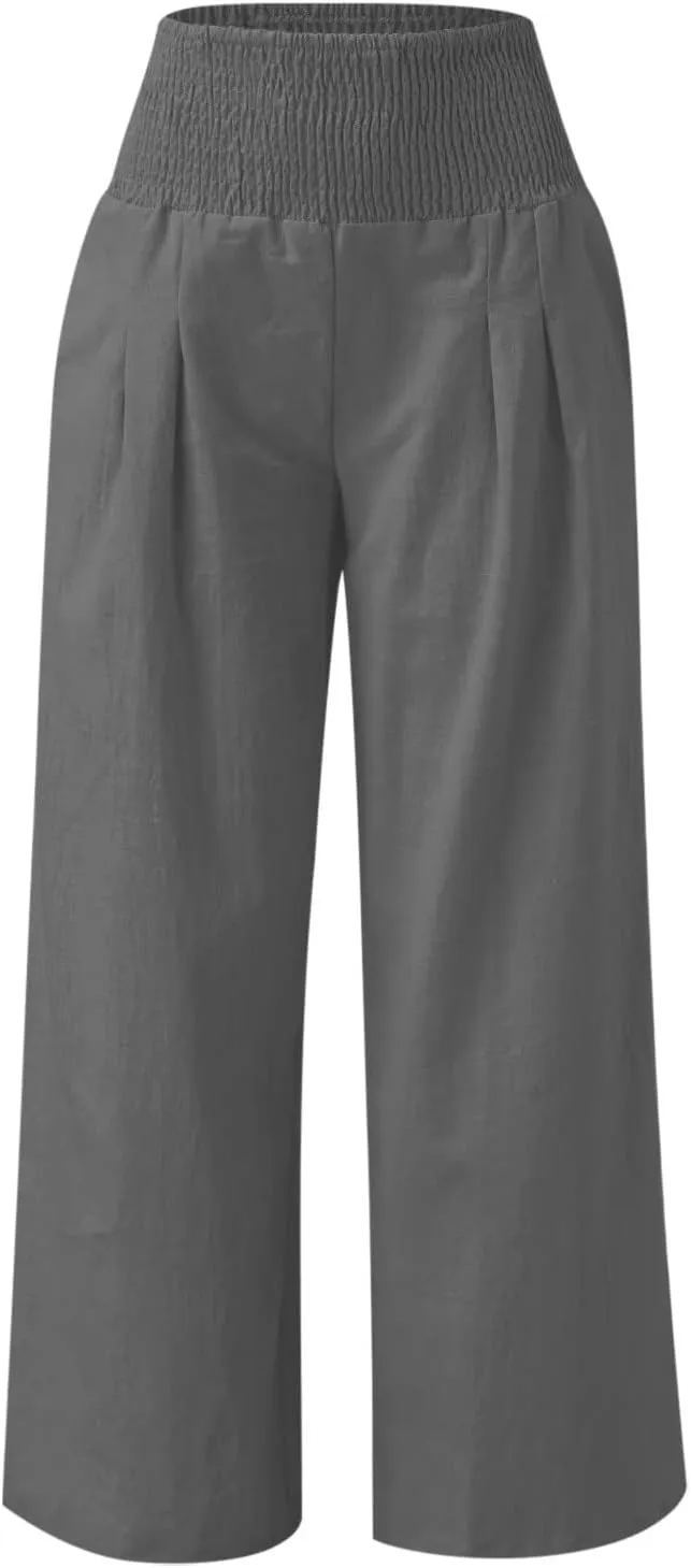 BZGTZT Women Plus Size Linen Wide Leg Pants Summer Smocked High Waist Palazzo Pants Baggy Lounge Beach Trousers with Pocket