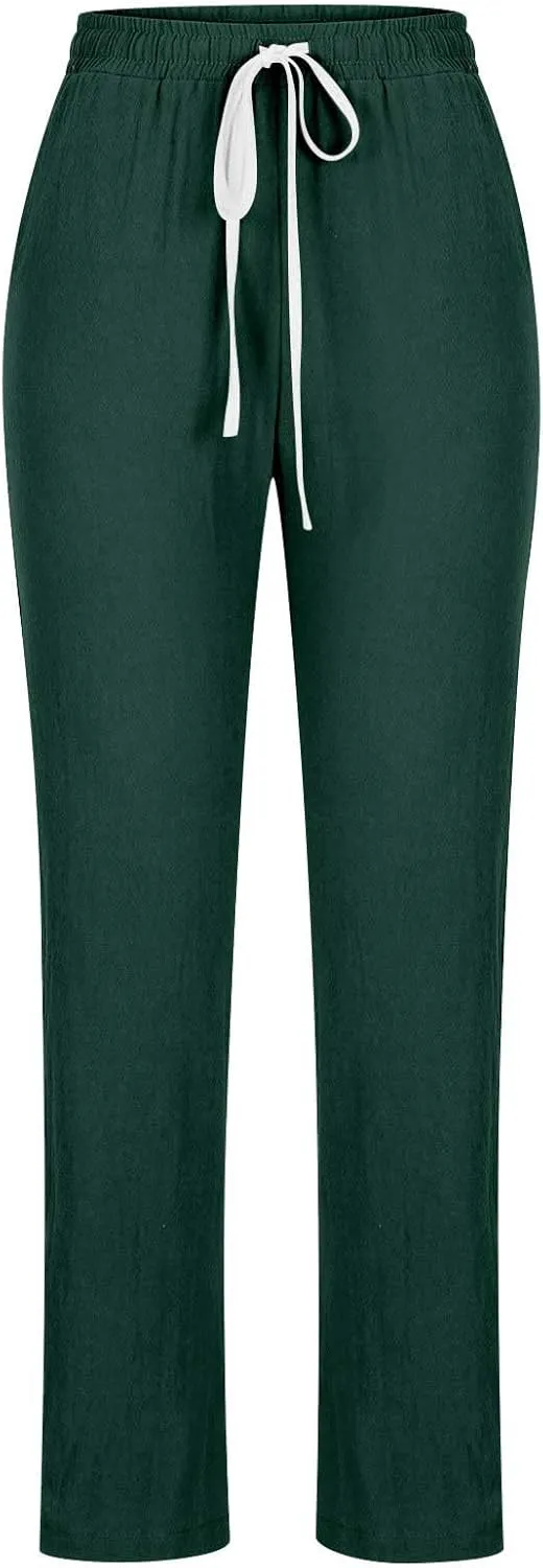 BZGTZT Women Summer Linen Pants Casual Loose Drawstring Elastic High Waist Comfy Trousers Straight Leg Long Pant with Pocket