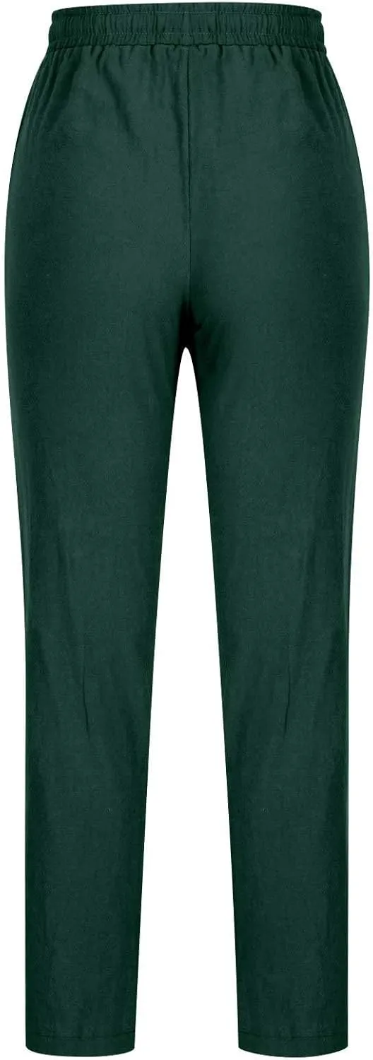 BZGTZT Women Summer Linen Pants Casual Loose Drawstring Elastic High Waist Comfy Trousers Straight Leg Long Pant with Pocket