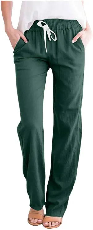 BZGTZT Women Summer Linen Pants Casual Loose Drawstring Elastic High Waist Comfy Trousers Straight Leg Long Pant with Pocket