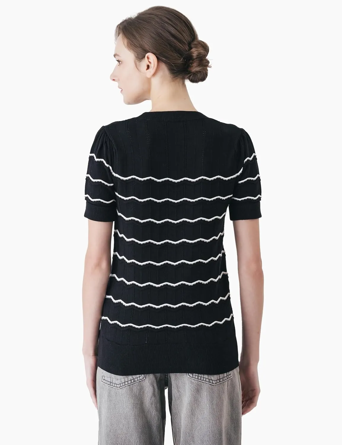 Cable Stitch Women's Chevron Stitch Short Sleeve Sweater Top - Zig-Zag Crewneck Lightweight Soft Knit