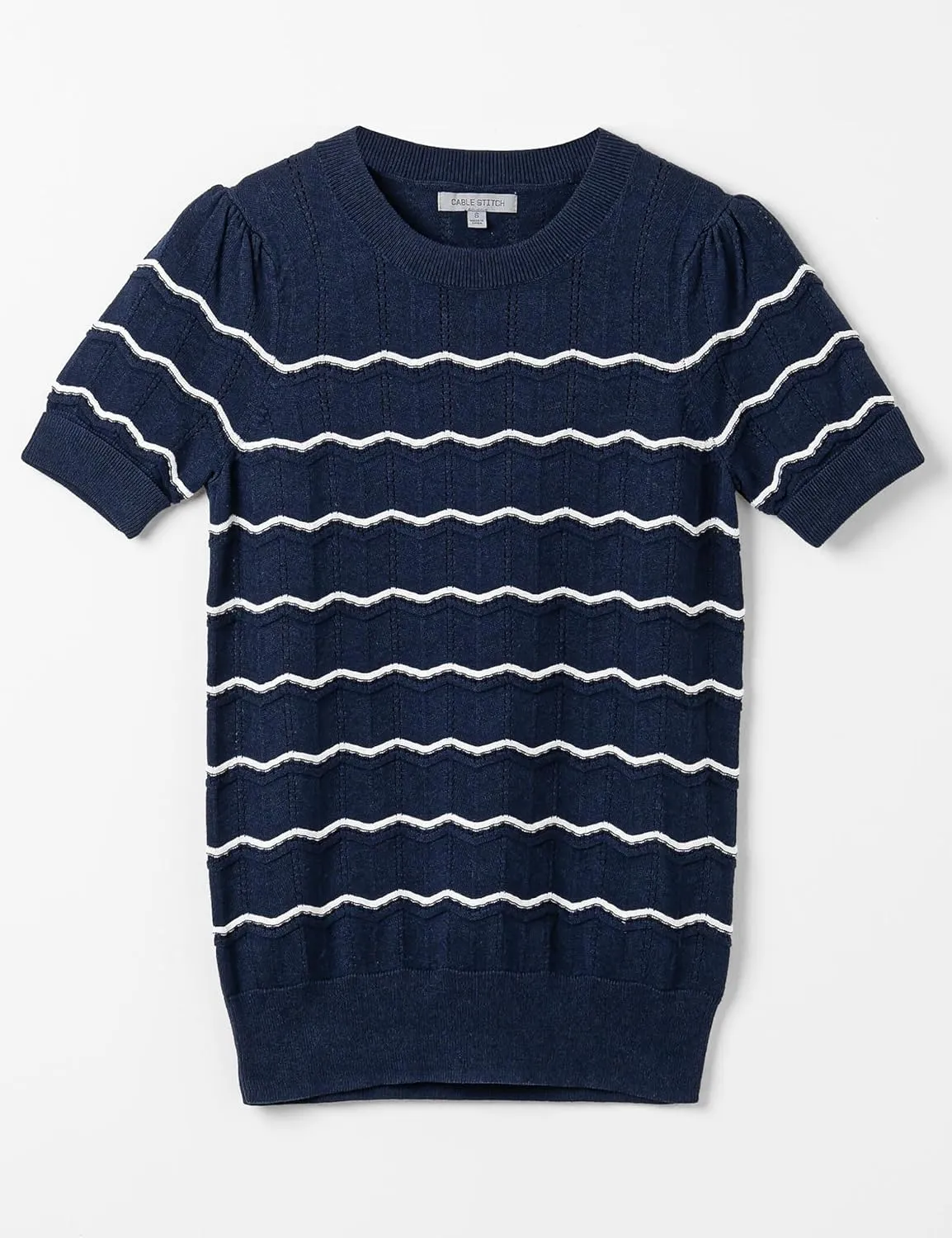 Cable Stitch Women's Chevron Stitch Short Sleeve Sweater Top - Zig-Zag Crewneck Lightweight Soft Knit