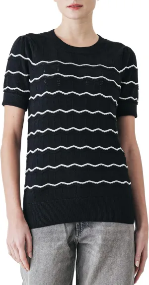 Cable Stitch Women's Chevron Stitch Short Sleeve Sweater Top - Zig-Zag Crewneck Lightweight Soft Knit