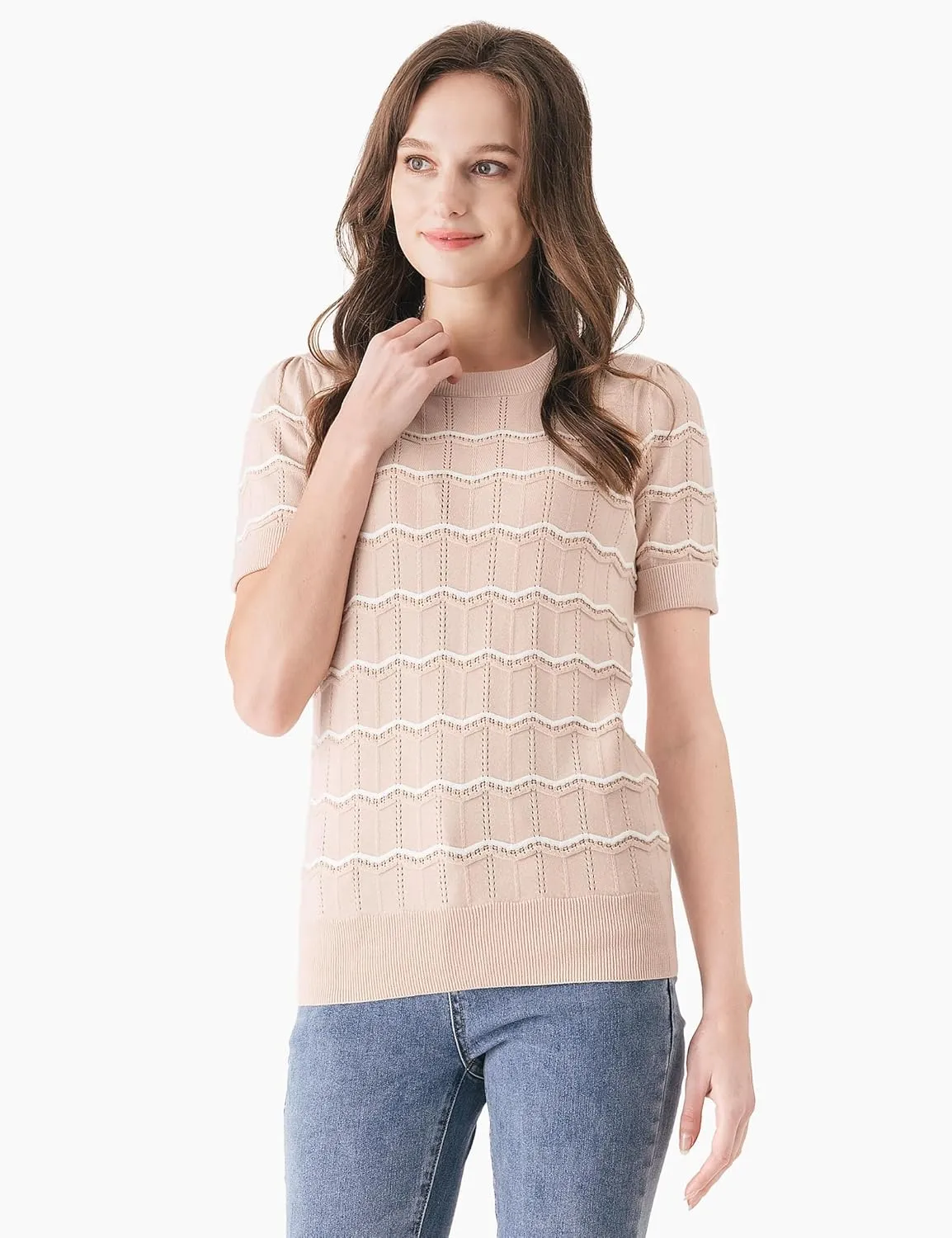 Cable Stitch Women's Chevron Stitch Short Sleeve Sweater Top - Zig-Zag Crewneck Lightweight Soft Knit