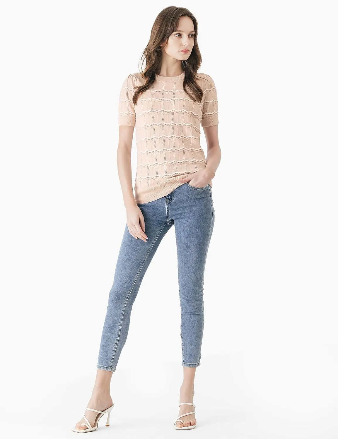 Cable Stitch Women's Chevron Stitch Short Sleeve Sweater Top - Zig-Zag Crewneck Lightweight Soft Knit