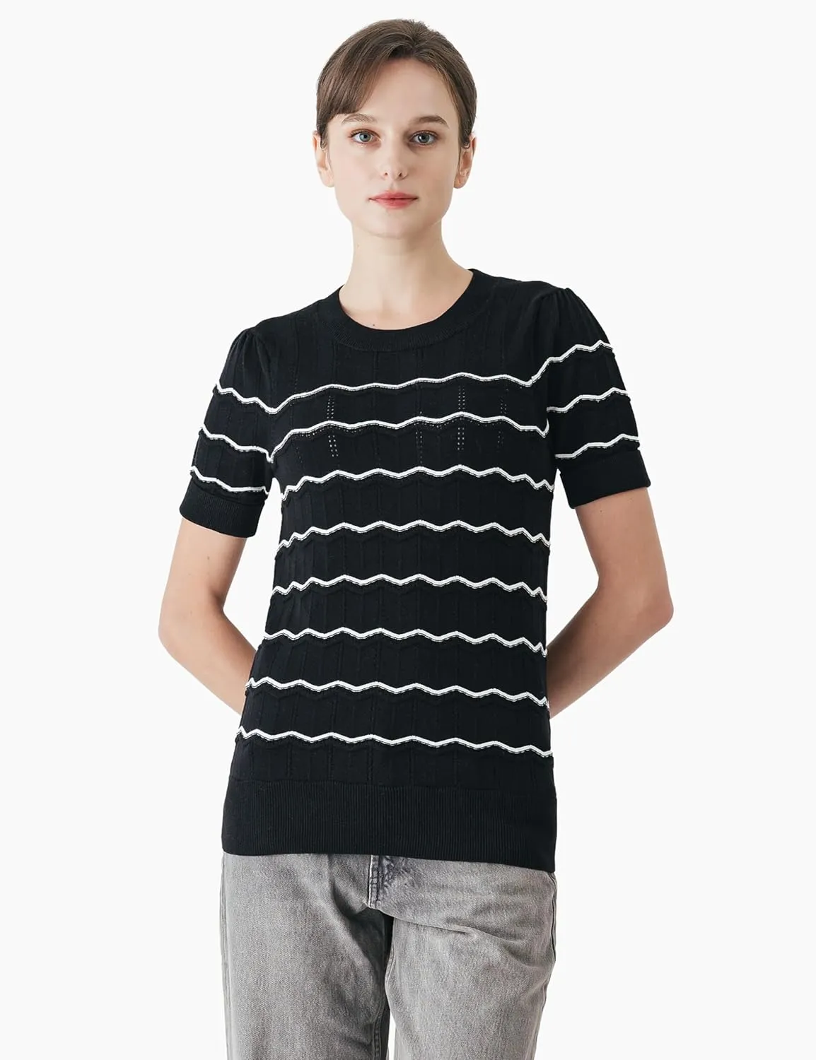 Cable Stitch Women's Chevron Stitch Short Sleeve Sweater Top - Zig-Zag Crewneck Lightweight Soft Knit