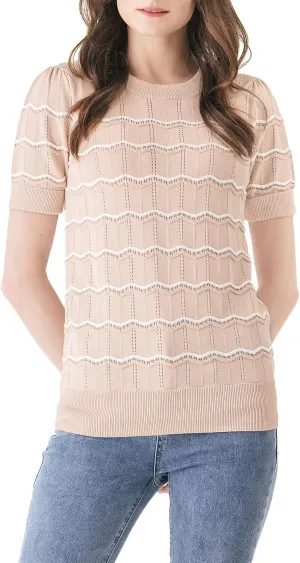 Cable Stitch Women's Chevron Stitch Short Sleeve Sweater Top - Zig-Zag Crewneck Lightweight Soft Knit