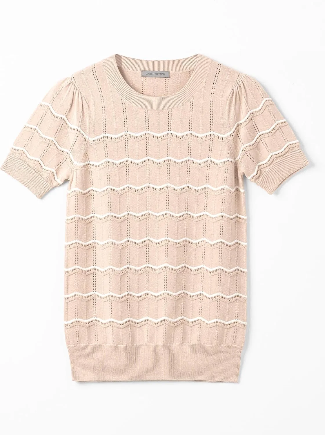 Cable Stitch Women's Chevron Stitch Short Sleeve Sweater Top - Zig-Zag Crewneck Lightweight Soft Knit