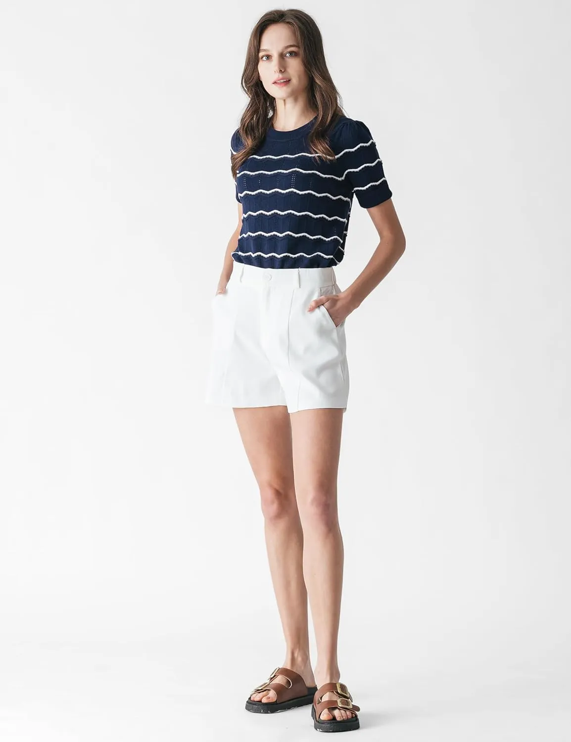 Cable Stitch Women's Chevron Stitch Short Sleeve Sweater Top - Zig-Zag Crewneck Lightweight Soft Knit