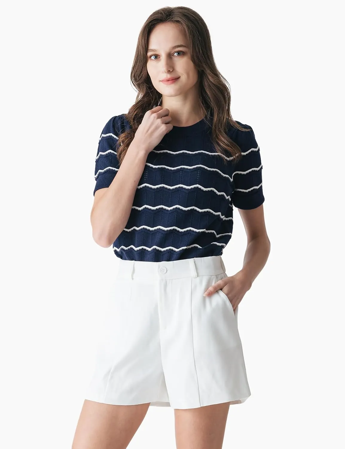 Cable Stitch Women's Chevron Stitch Short Sleeve Sweater Top - Zig-Zag Crewneck Lightweight Soft Knit