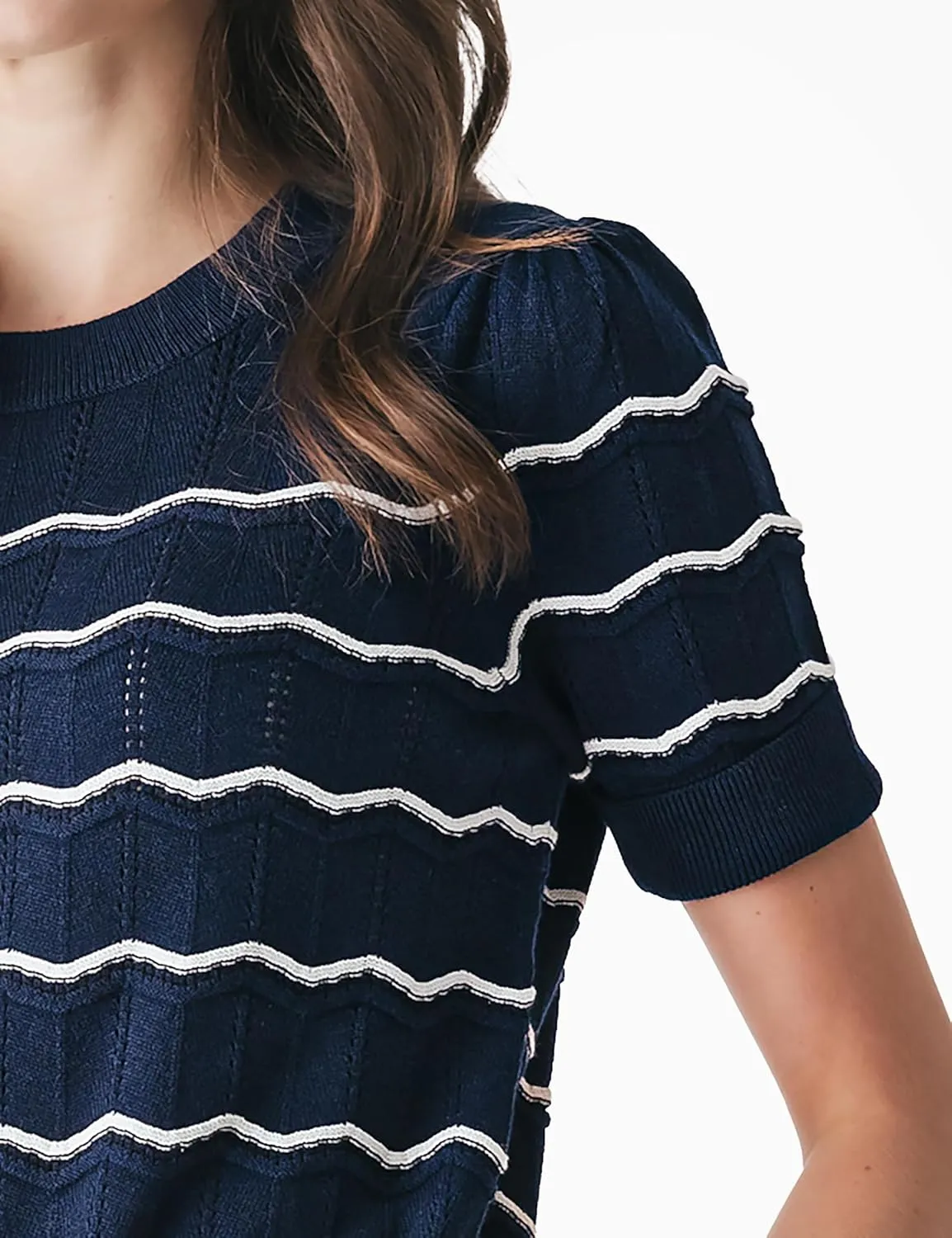 Cable Stitch Women's Chevron Stitch Short Sleeve Sweater Top - Zig-Zag Crewneck Lightweight Soft Knit