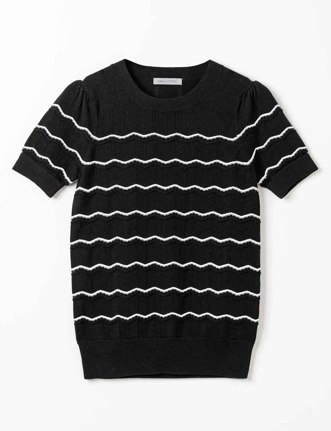 Cable Stitch Women's Chevron Stitch Short Sleeve Sweater Top - Zig-Zag Crewneck Lightweight Soft Knit