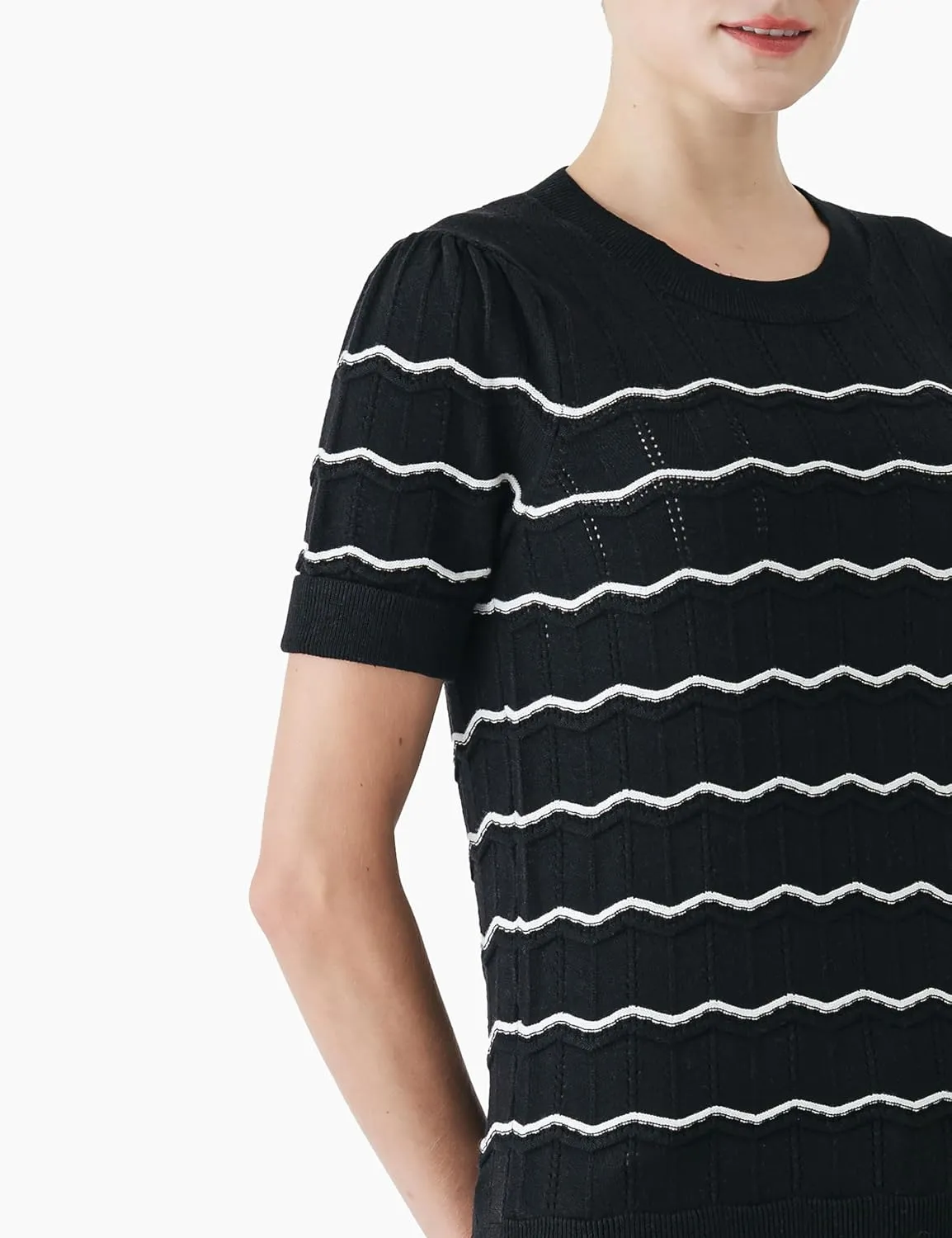 Cable Stitch Women's Chevron Stitch Short Sleeve Sweater Top - Zig-Zag Crewneck Lightweight Soft Knit