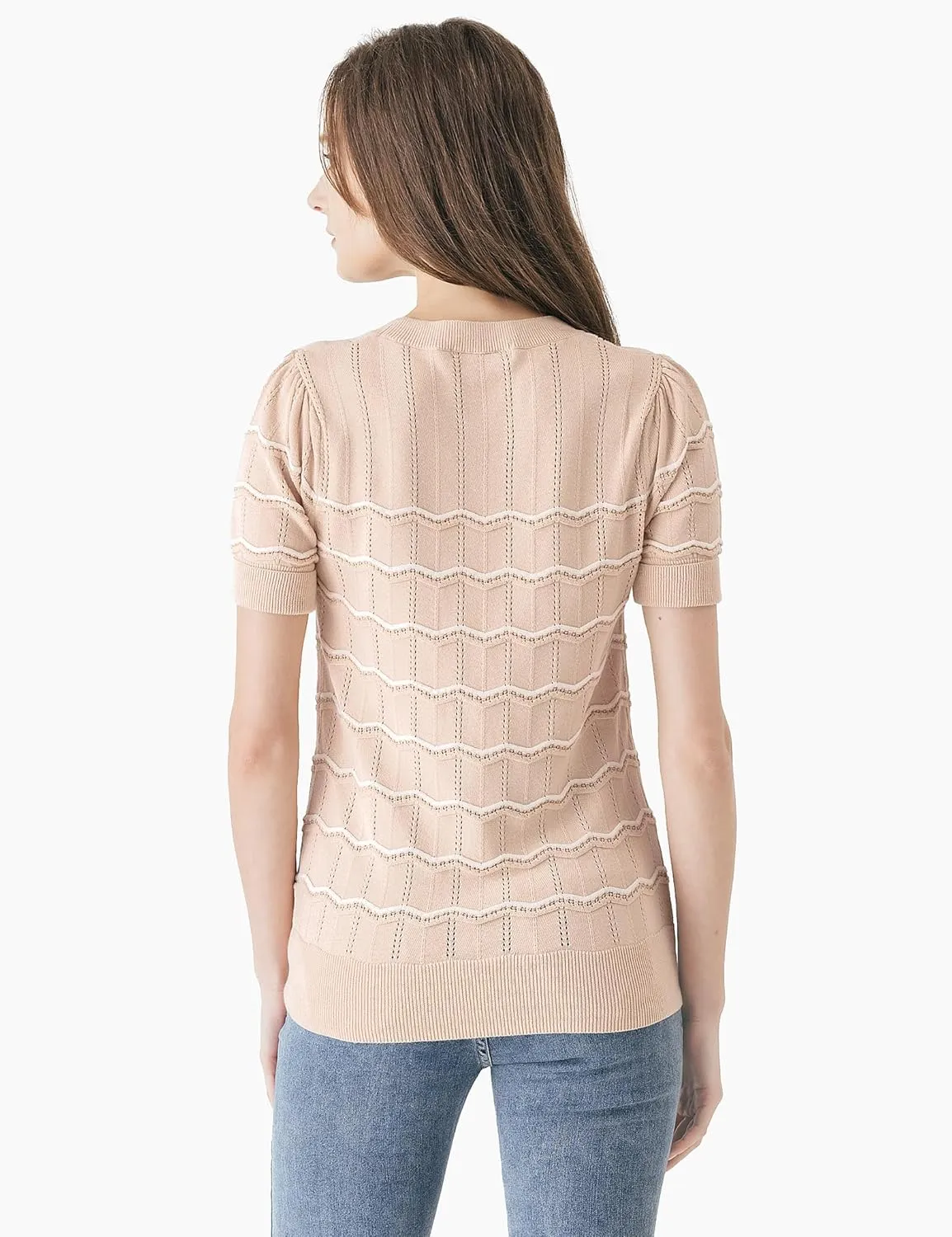 Cable Stitch Women's Chevron Stitch Short Sleeve Sweater Top - Zig-Zag Crewneck Lightweight Soft Knit