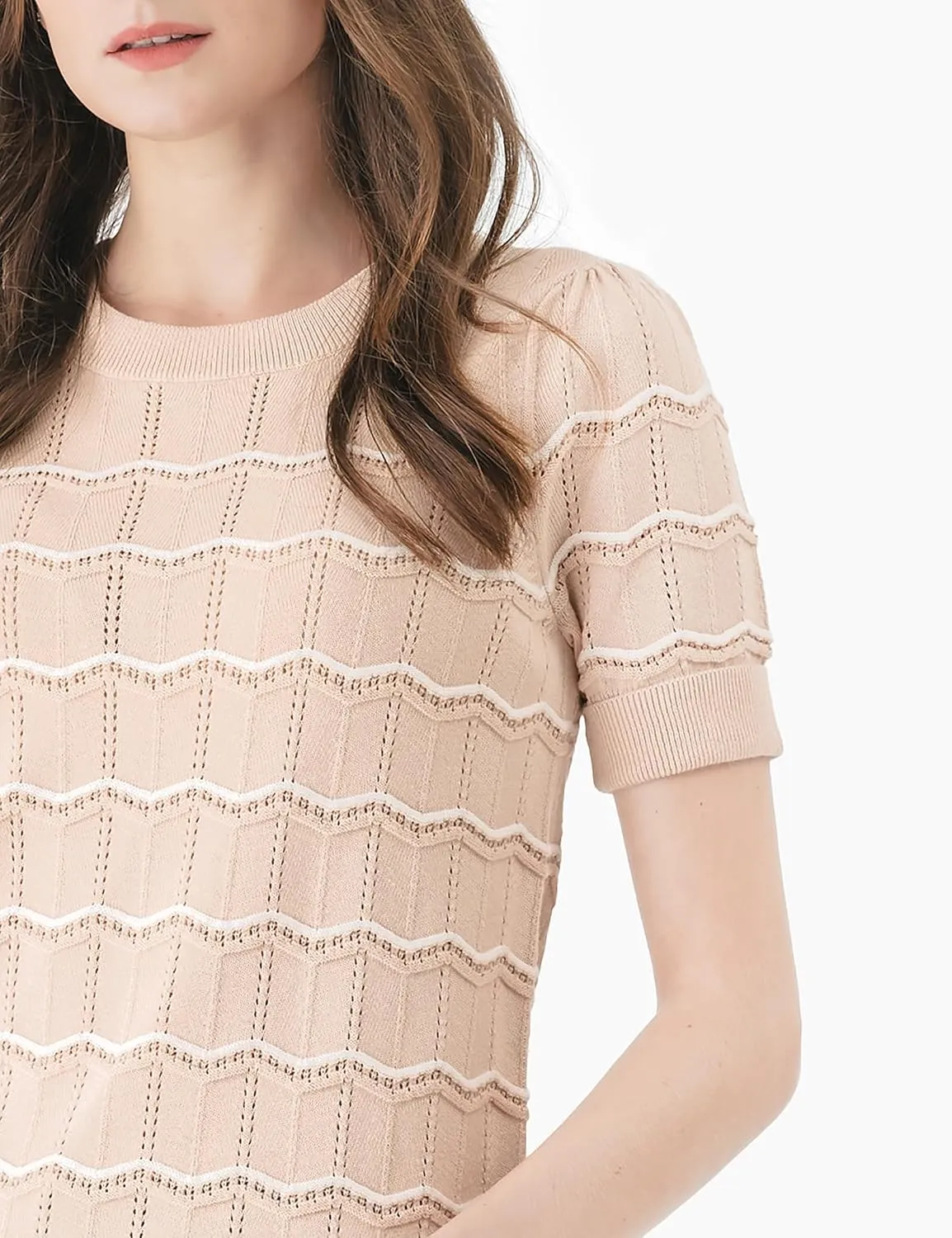 Cable Stitch Women's Chevron Stitch Short Sleeve Sweater Top - Zig-Zag Crewneck Lightweight Soft Knit