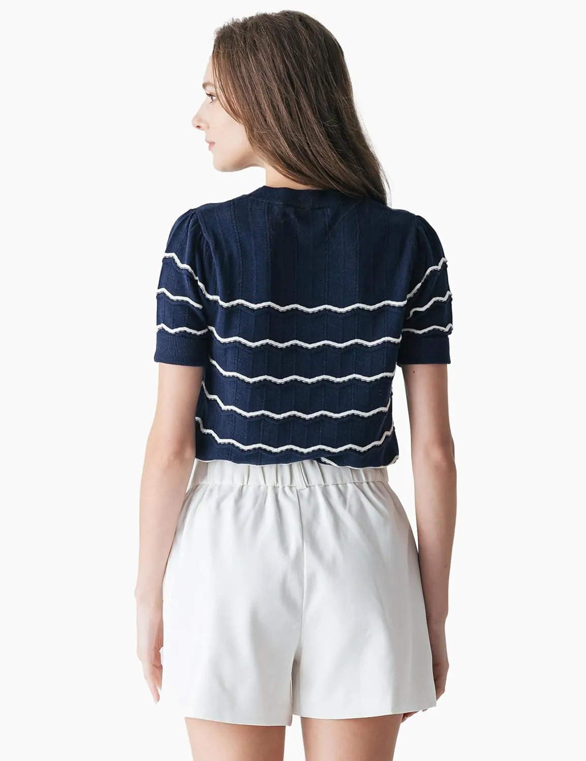 Cable Stitch Women's Chevron Stitch Short Sleeve Sweater Top - Zig-Zag Crewneck Lightweight Soft Knit
