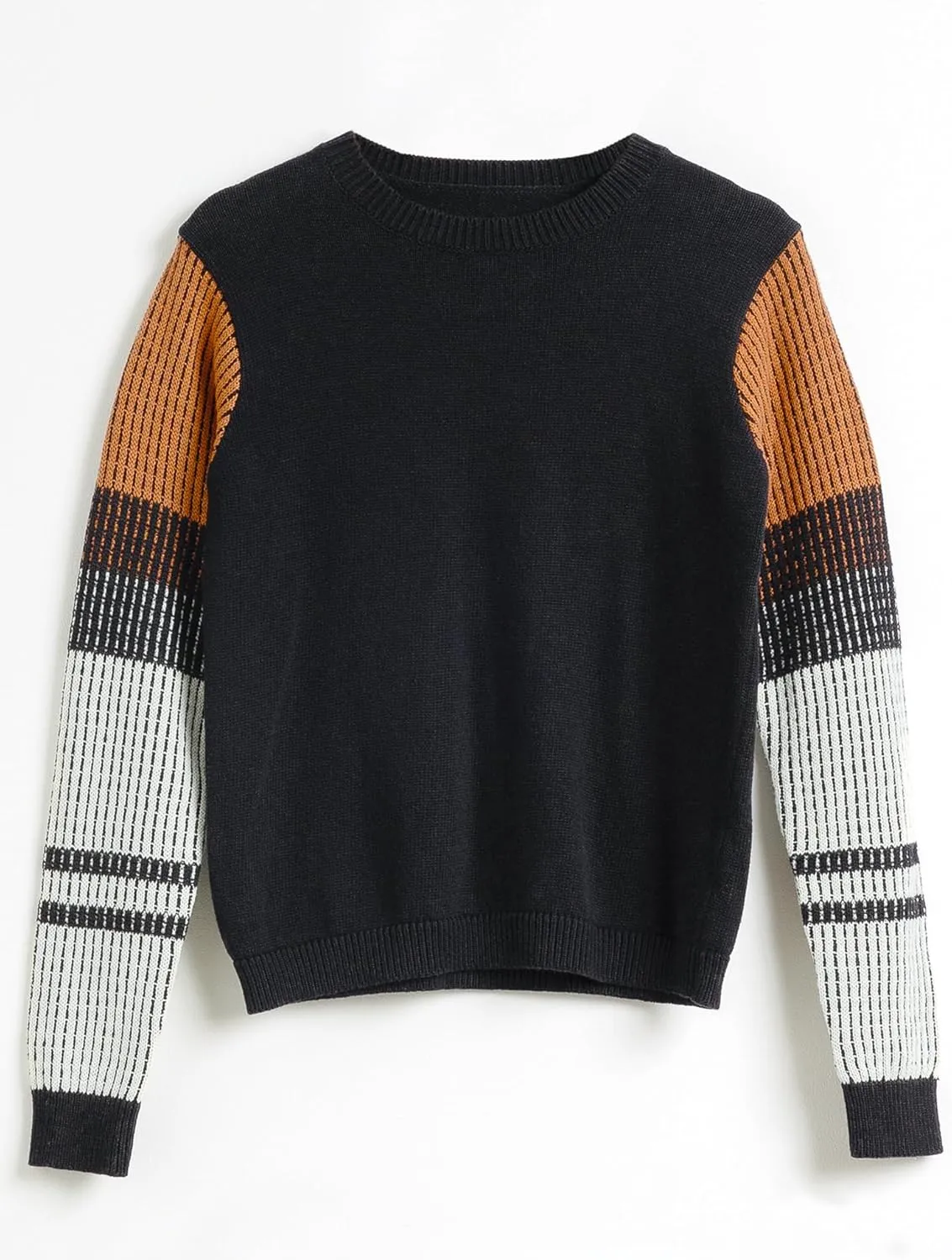 Cable Stitch Women's Contrast-Sleeve Cotton Sweater - Crewneck Long Sleeve Knitted Pullover Top