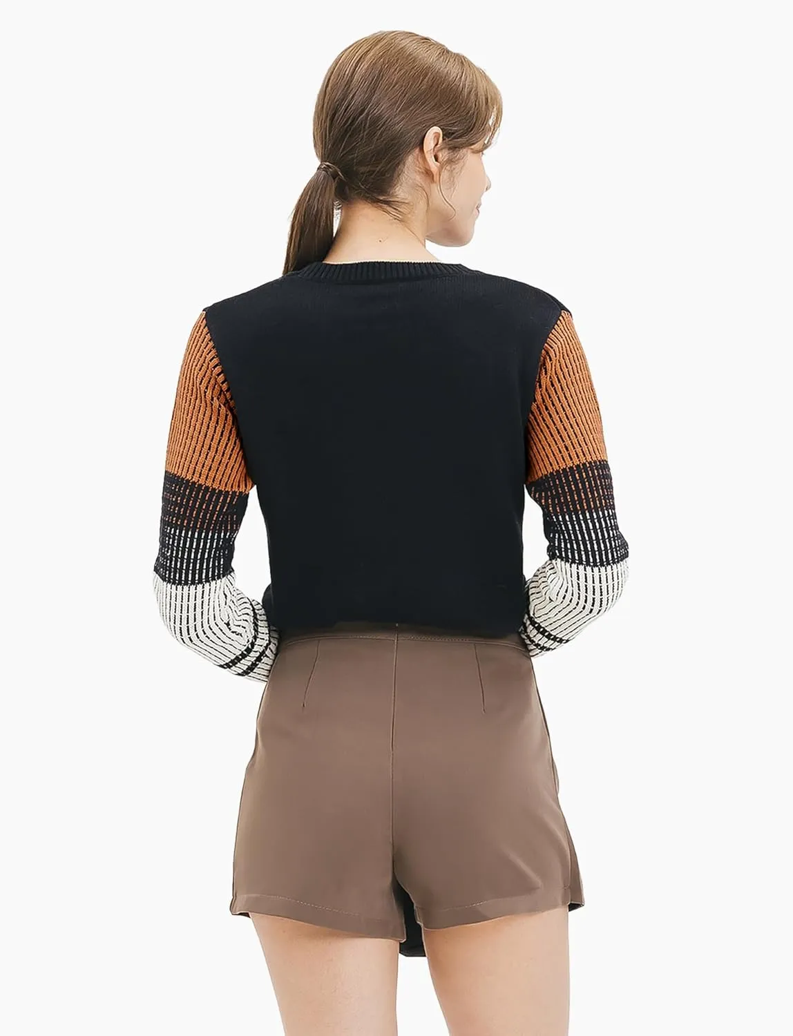 Cable Stitch Women's Contrast-Sleeve Cotton Sweater - Crewneck Long Sleeve Knitted Pullover Top